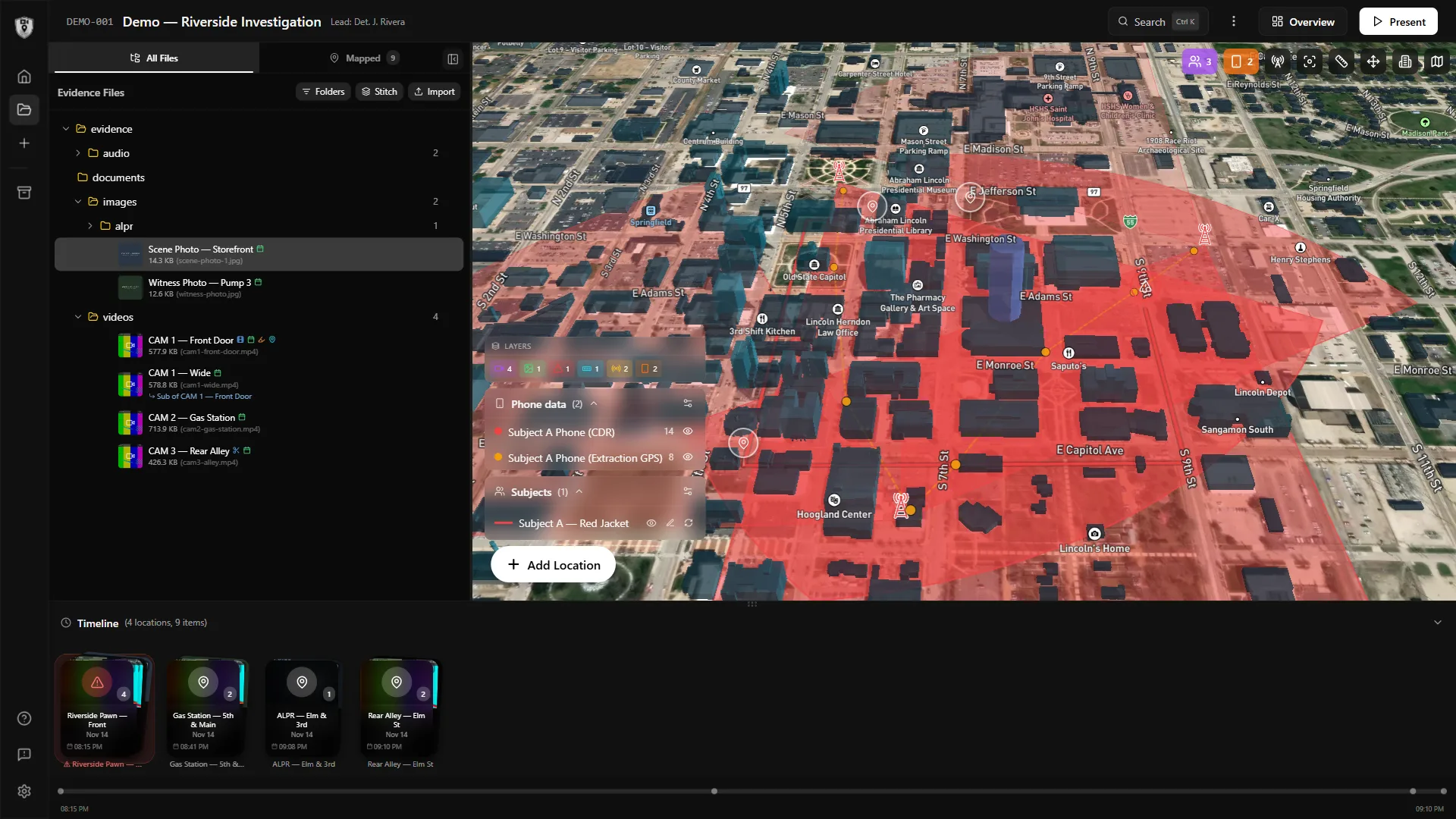 SAMM investigation workspace with evidence files, 3D satellite map, and case timeline