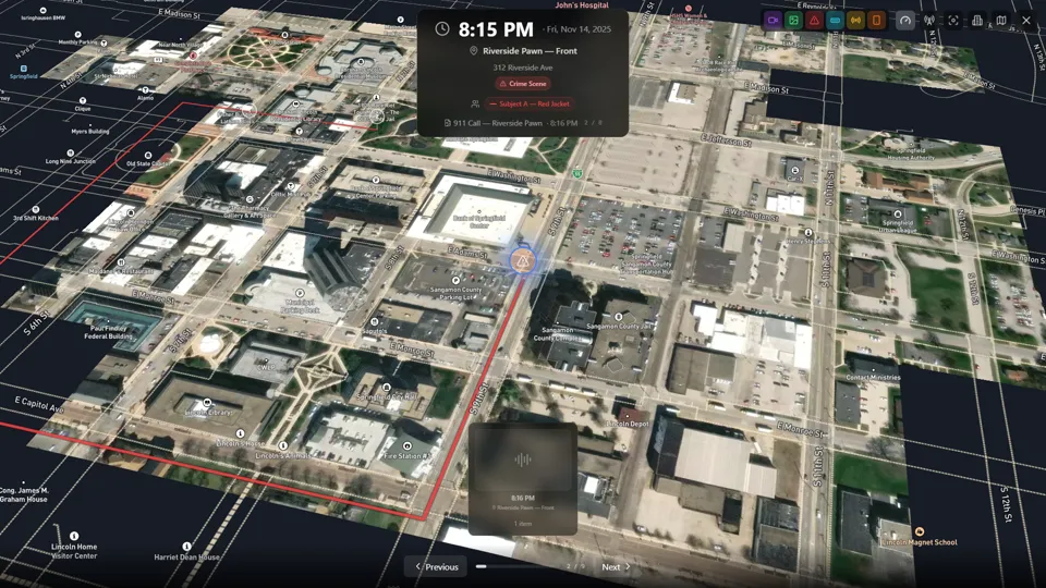 Presentation mode flying over satellite imagery with subject routes and evidence cards