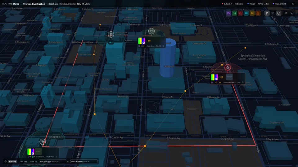 Case Overview mode showing every location with its media strip on a 3D map